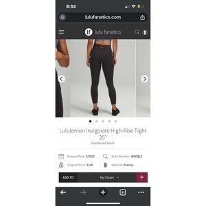 Lululemon leggings invigorate high rise size 10